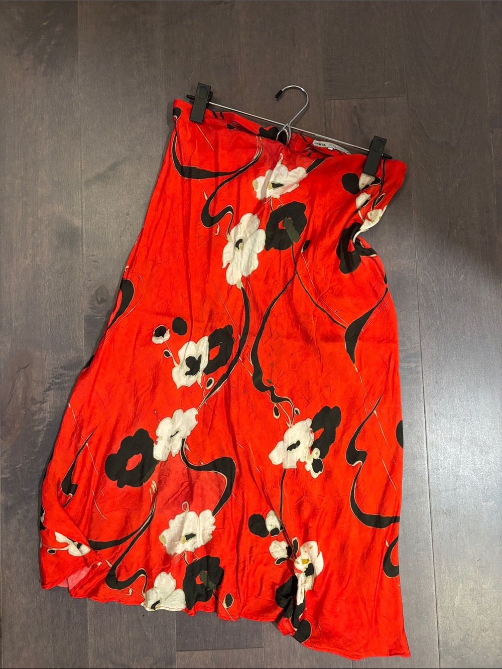 Zara Red Asymmetrical Floral Skirt with Black & White Blooms